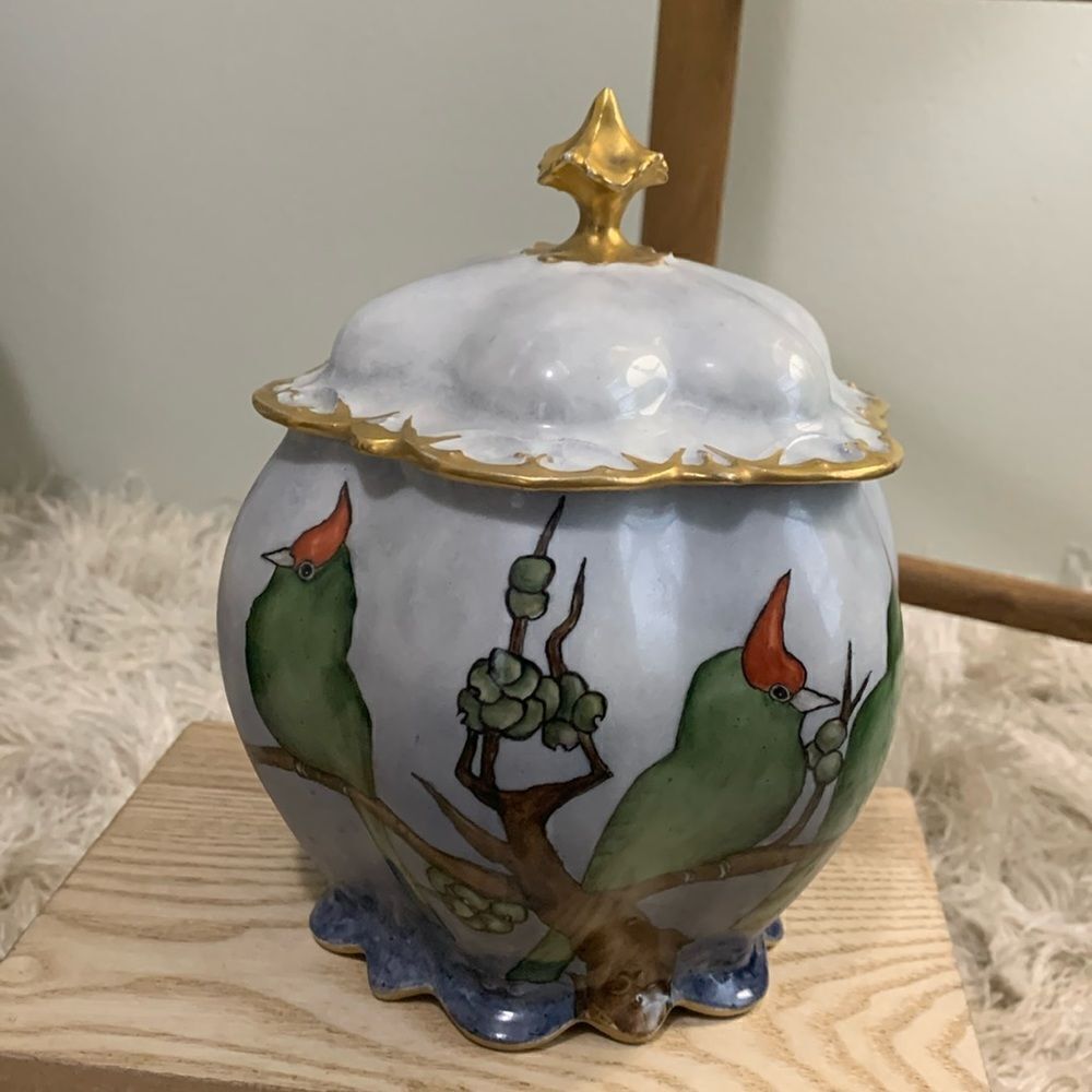 Vintage M.Z.‎ Austria Hand Painted Bird Scene Covered Jar